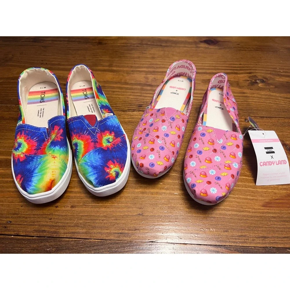 TOMS Alpargata Shoes Womens 7.5 Pink Candy Land & Tie Dye Set of 2 NEW